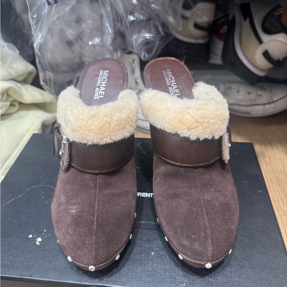 Michael Kors Chocolate Suede Clogs with Cream Fur NWOT